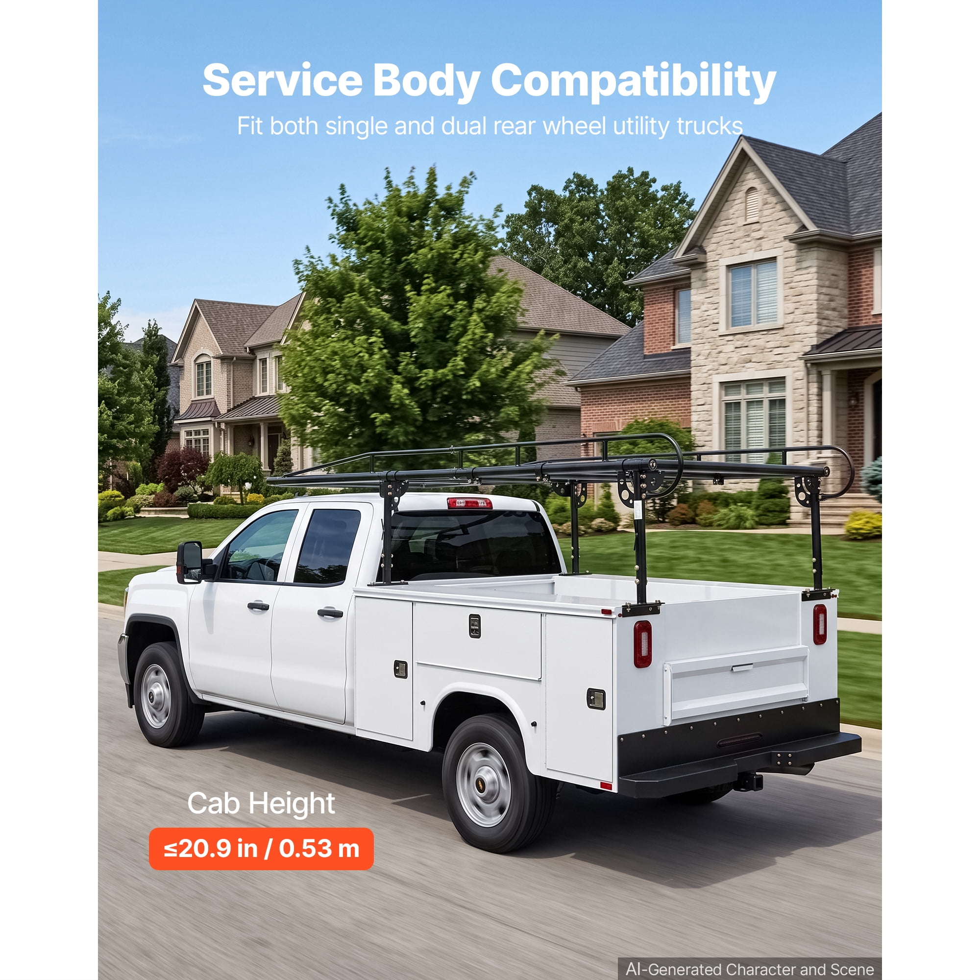 KFFKFF Adjustable Service Body Truck Ladder Rack with 1000 lbs Capacity, Over-Cab Design, 21"-31" Height Range, Compatible with Single/Dual Rear Wheel Utility Trucks, Durable Steel Construction