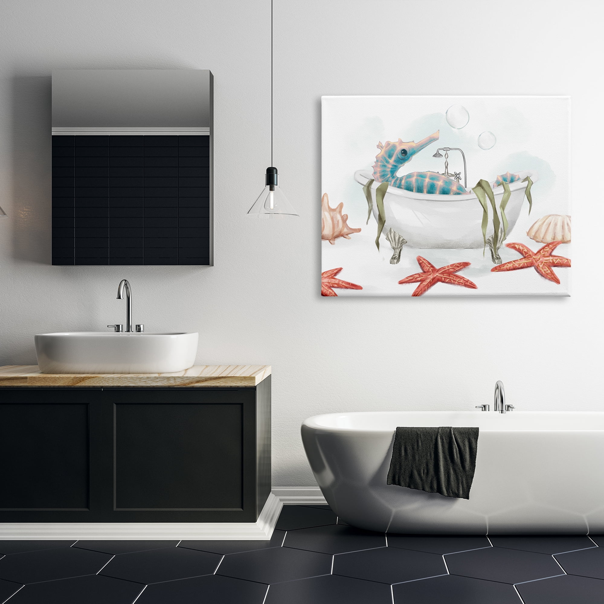Stupell Industries Seahorse Resting Nautical Bath Tub Starfish Bubbles Coastal Painting Gallery-Wrapped Canvas Print Wall Art, 36 x 48, Design by Ziwei Li