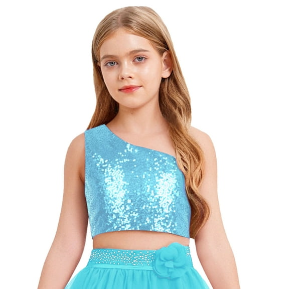 inlzdz Kids Girls Sparkly Sequin Off The Shoulder Sleeveless Tops for Birthday School Show Green 12