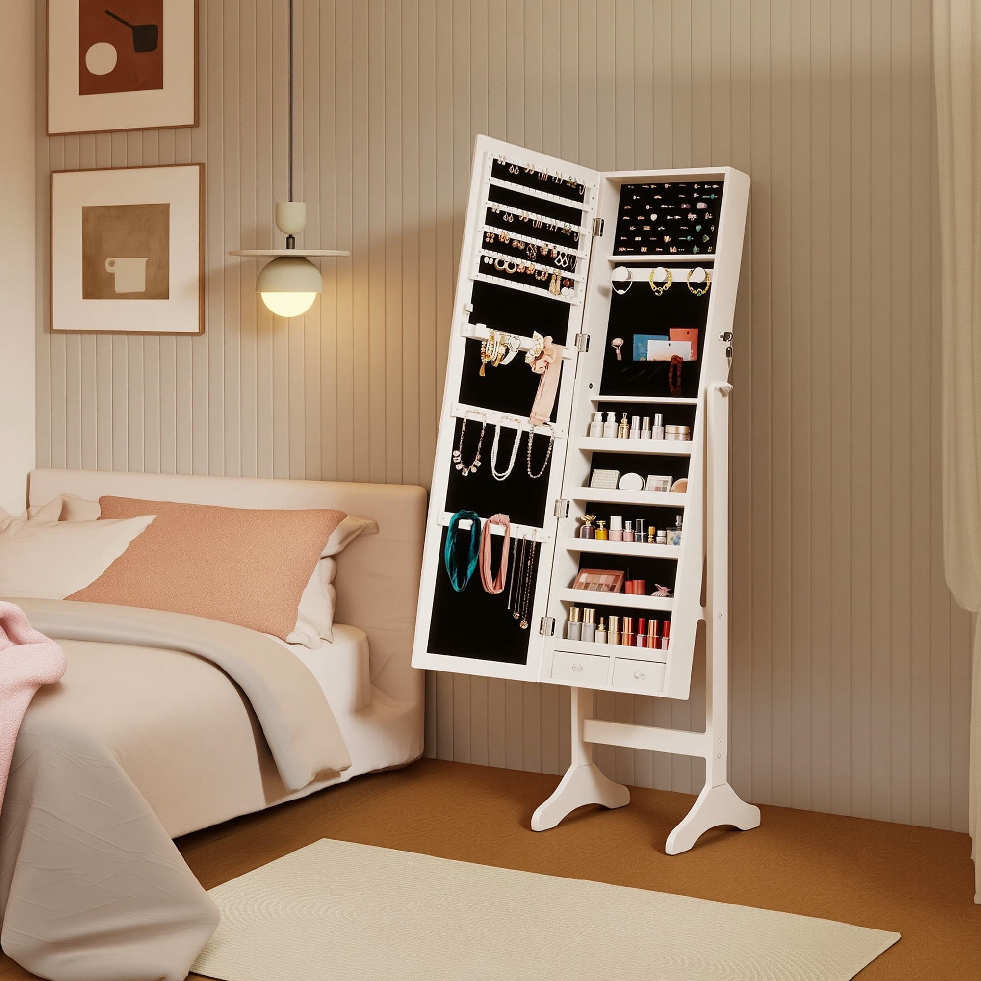 EDX Freestanding Full-Length Mirror Jewelry Cabinet, 3 Angle Adjustable Large Jewelry Armoire Organizer with Makeup Storage, White