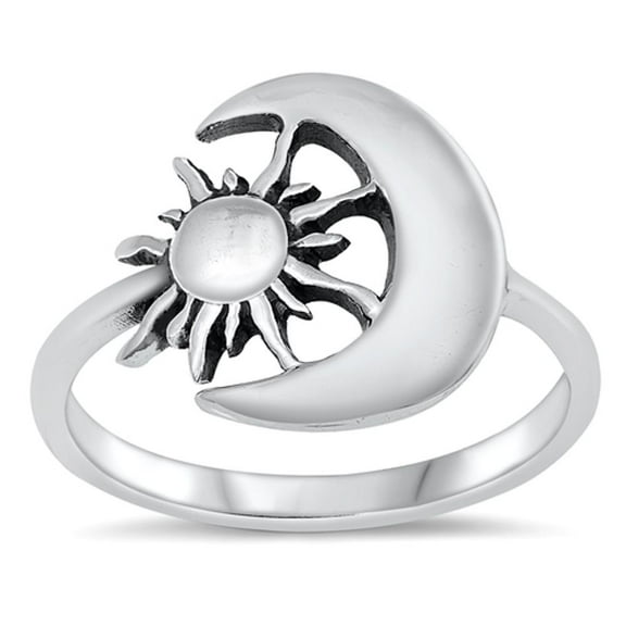 Unique Moon & Sun Ring .925 Oxidized Sterling Silver Band Jewelry Female Male Unisex Size 5
