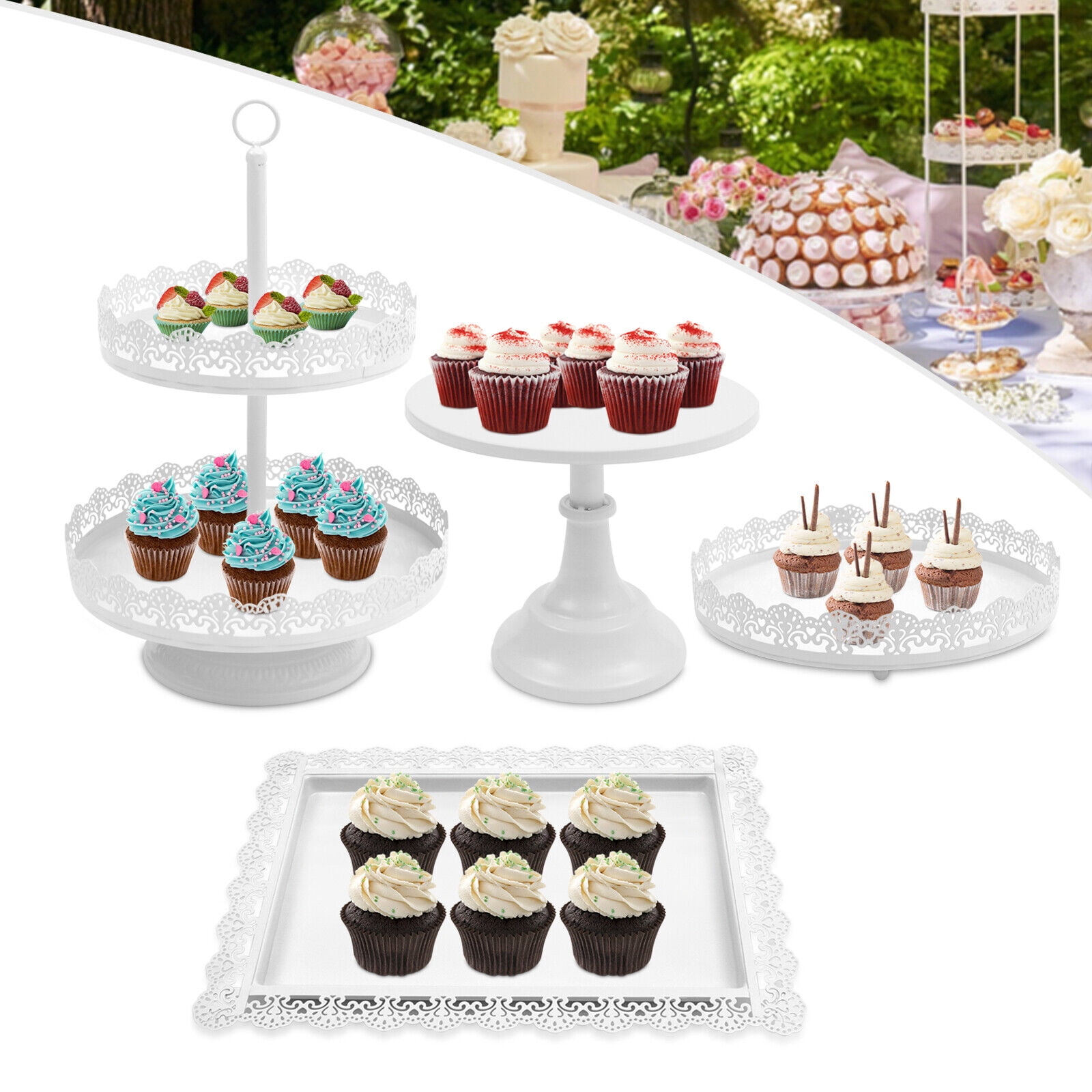 Cake Stand White with Metal Handles Multi-layer Dessert Table Hollow  Cupcake Display Afternoon Tea Pastry Fruit Tray T 別倉庫からの配送