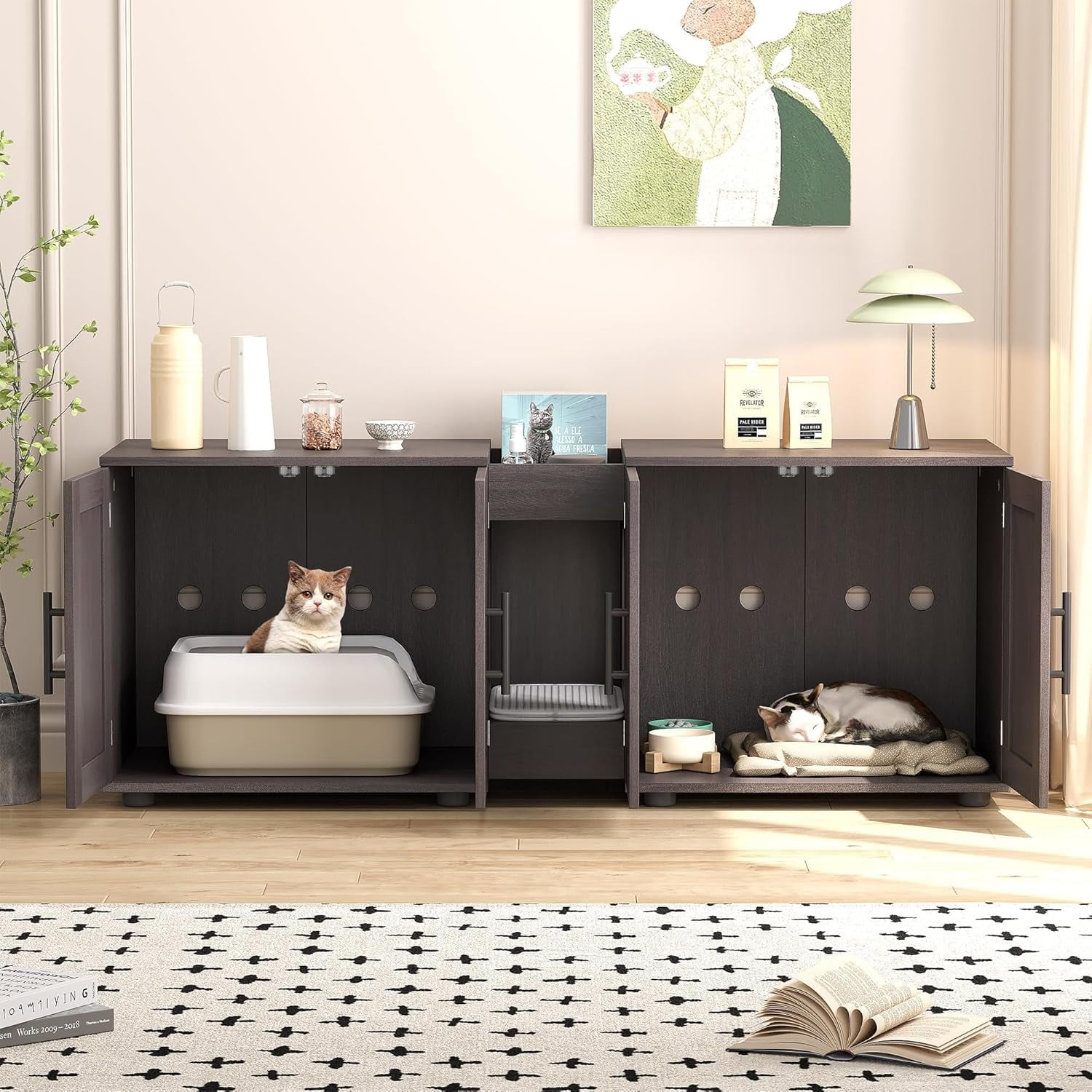 Hetoy Elegant Double-Room Cat Litter Cabinet – Stylish Litter Box Enclosure for Two Cats with Storage and Cat Mat, 55”L x 17.7”W x 22.5”H in Black