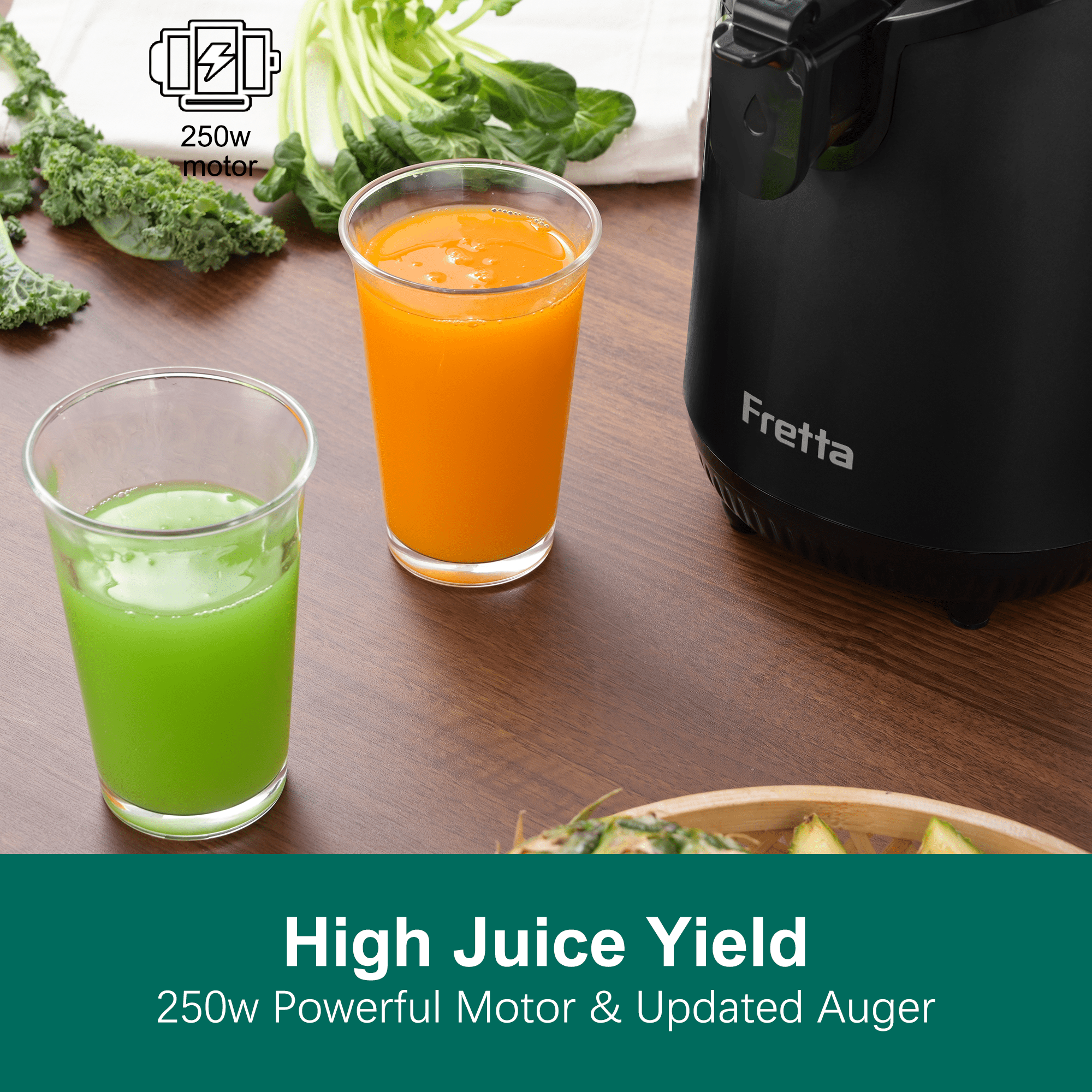 Fretta Cold Press Juicer with 5.3" Extra Large Feed Chute, 250W Slow Masticating Machines Fit Whole Fruits & Vegetables, High Juice Yield, BPA Free (Black)