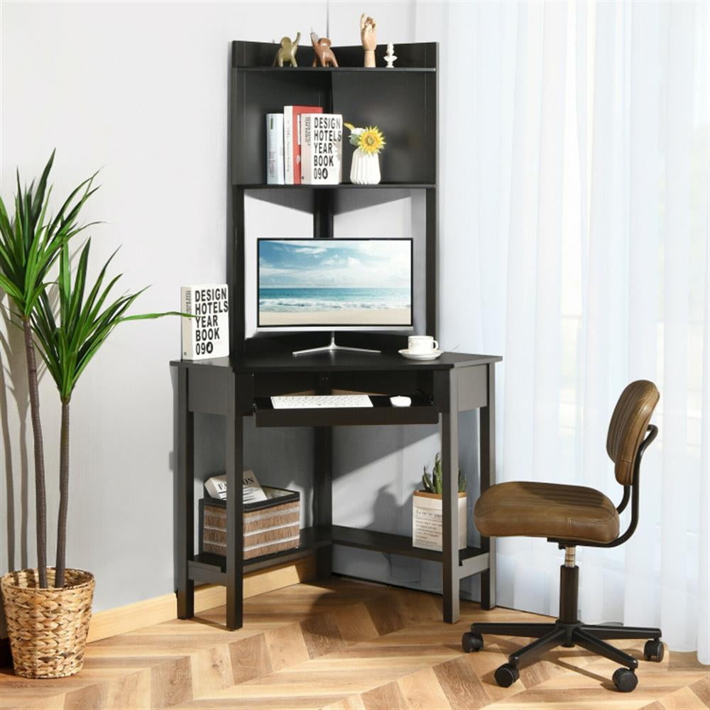 Demi Bonn Corner Computer Desk with Hutch and Storage Shelves, Small Home Office Desk Study Writing Table, Black