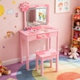 thumbnail image 2 of iRerts Kids Vanity Set with Lights, Cow Kids Make Up Vanity Desk with Mirror for Little Girls, 2 in 1 Princess Girls Makeup Vanity Toddler Vanity Table and Chairs Set with Drawer, Pink, 2 of 11