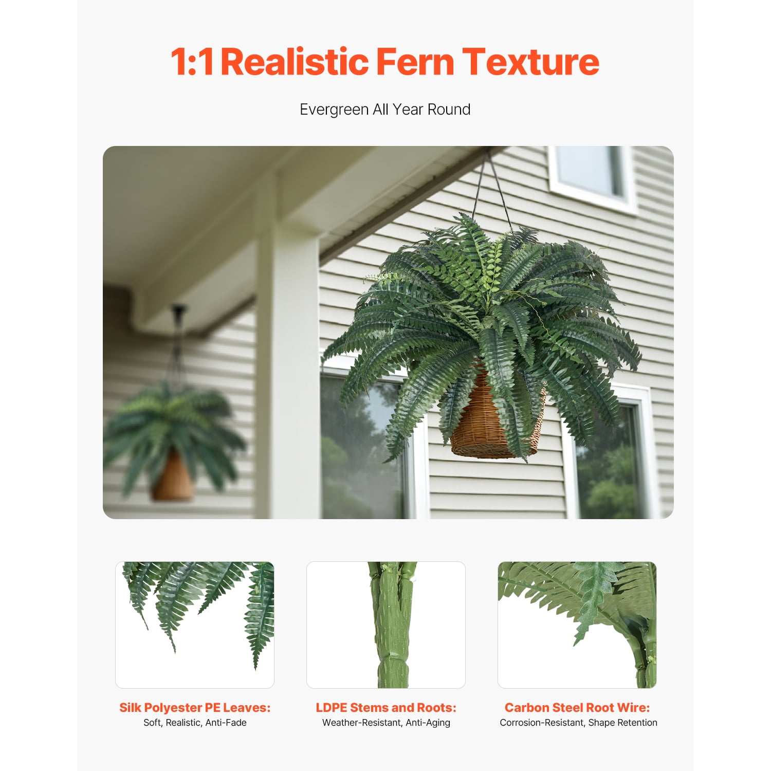 KFFKFF Artificial Ferns Set of 2, Natural Spread Diameter 43-47 Inch, Large Hanging Boston Ferns, Fake Plant Wall Decor with 50 Branches, Faux Fern for Home and Office (Flowerpot Not Included)