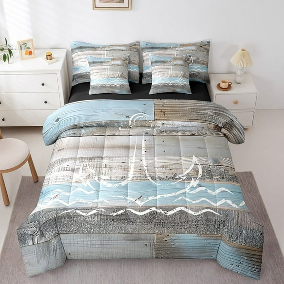 Erosebridal Vintage Anchor Twin Comforter Set 7pcs Nautical Theme Bedding Comforter Sets, Blue Grey Farmhouse Bed in a Bag Sea Ocean Wave Bedding Set, Summer Beach Bed Sheets Set Bedroom Decor