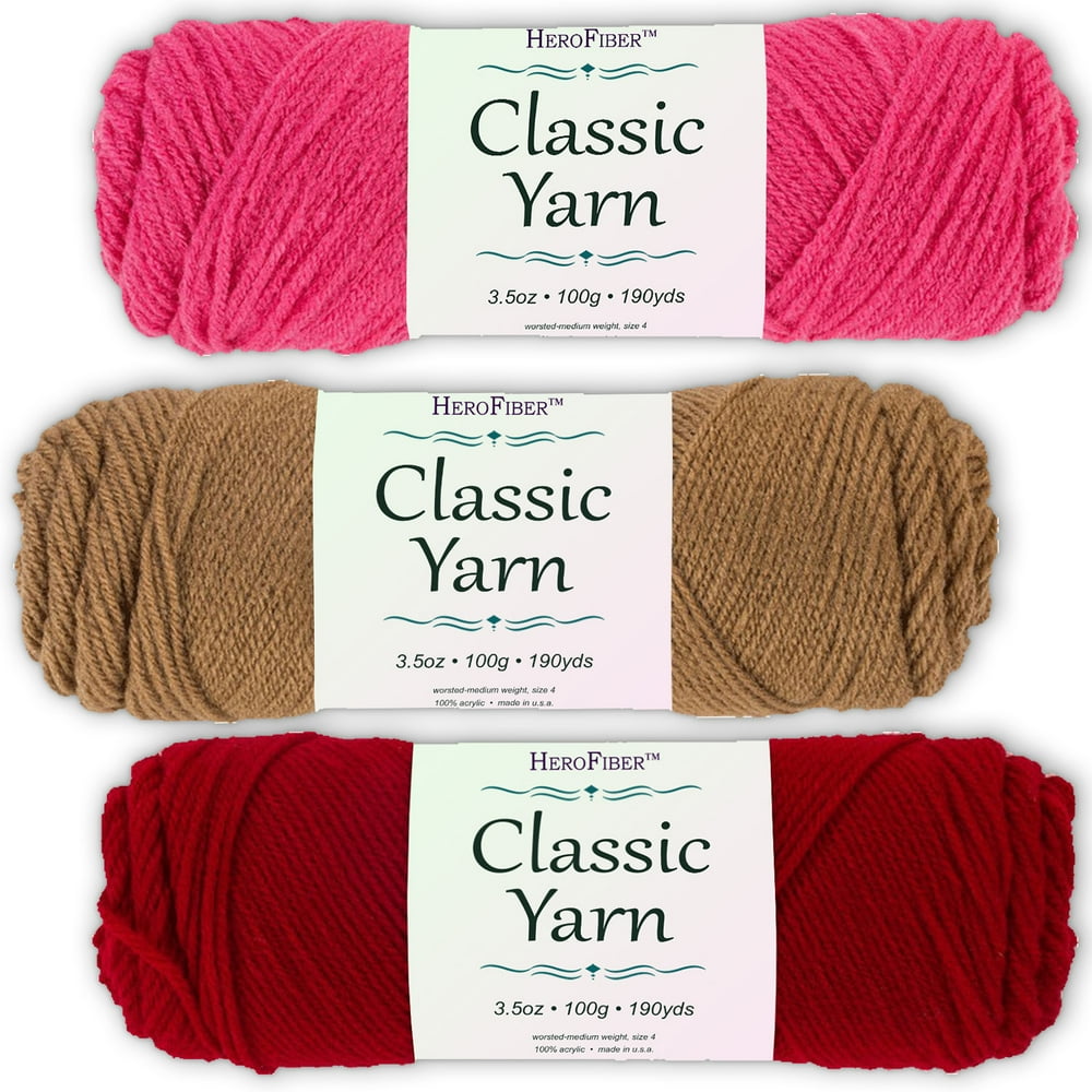 Soft Acrylic Yarn 3Pack, 3.5oz / ball, Red Grenadine + Brown Warm