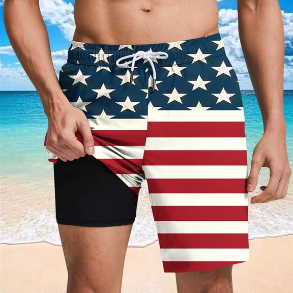 cllios Men American Flag Swim Trunks with Compression Liner Quick Dry 2 in 1 Swimming Shorts 4th of July Bathing Suits Mens Summer Patriotic Beachwear