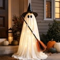 thumbnail image 3 of MYUNNIL Halloween Lighted Witch Ghost Ornament, 5Ft White Large Freestanding Fabric LED Ghost Prop with Witch Hat & Straw Broom, Cute Warm Glowing Decor for Porch Entryway Party Display, 3 of 9