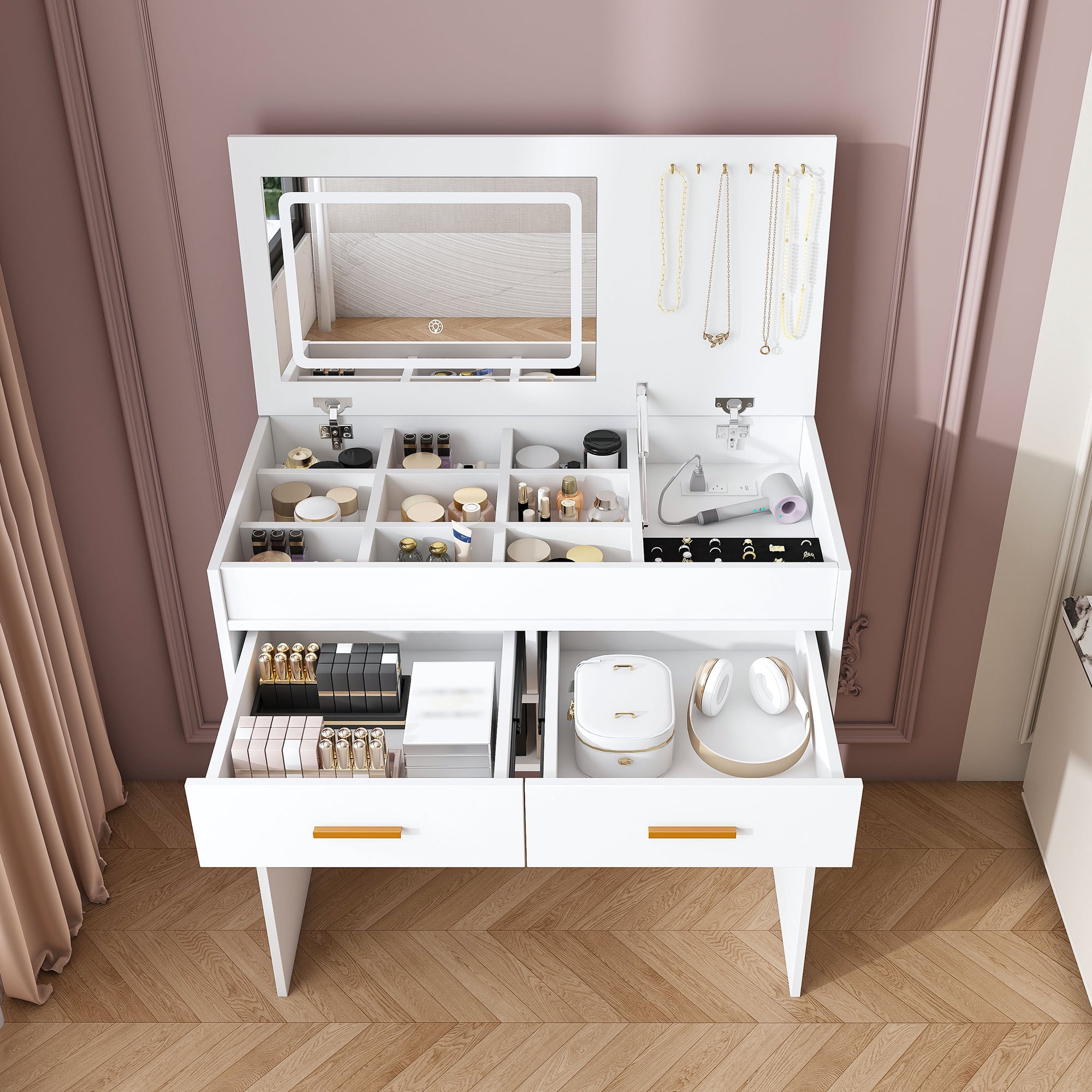 Leumius Makeup Vanity Desk with Mirror and Lights,Flip Top Dressing Table with 2 Drawers & Adjustable 3 Color Lighting Brightness for Bedroom Storage Cabinet,White