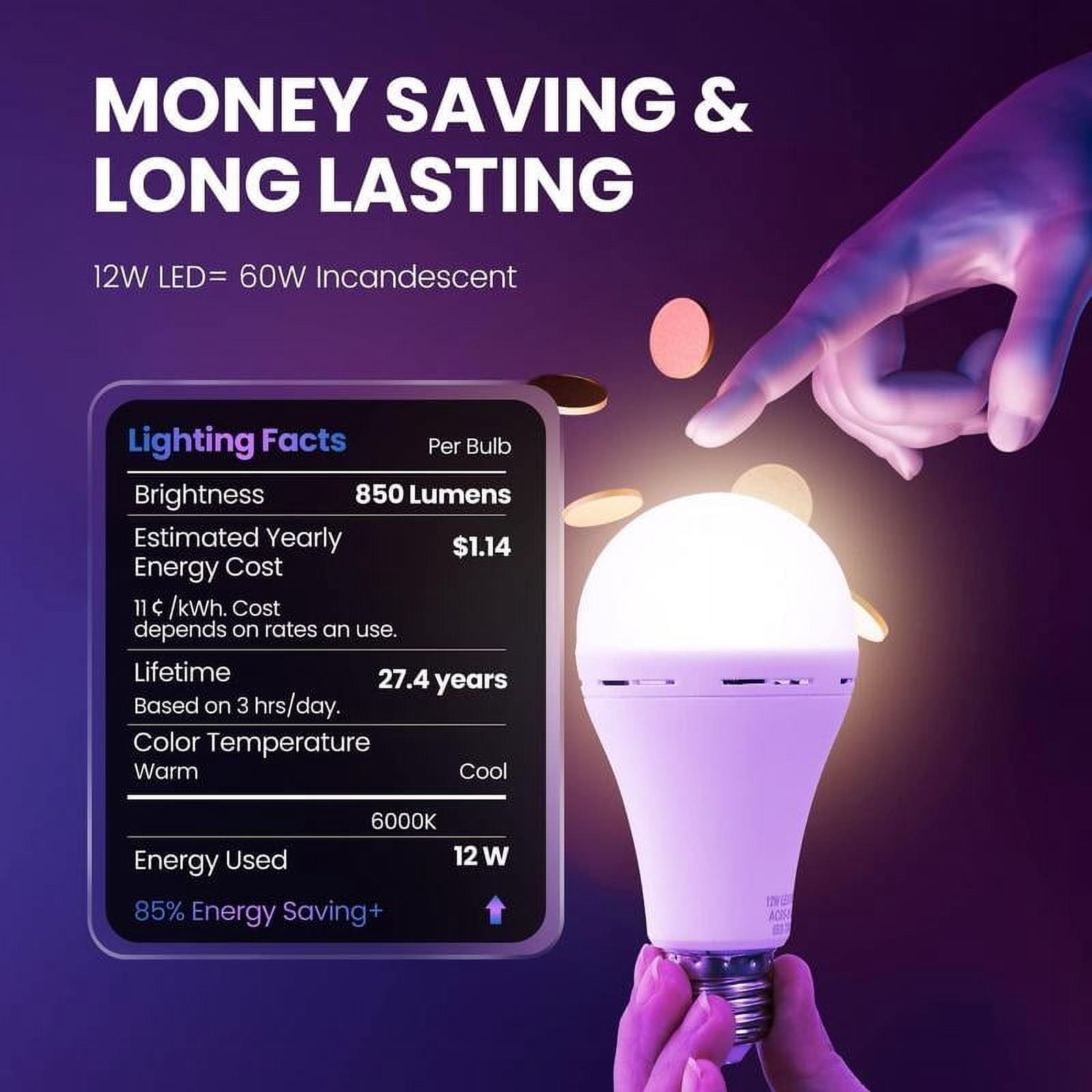 4 Pack Rechargeable Emergency Light Bulbs A19, Camping Lamp Battery Powered LED Light Bulb 6000K Daylight E26 E27 120 Volt 12W 60W Equivalent with 1200mAh for Home Power Outage Camping Hurricane
