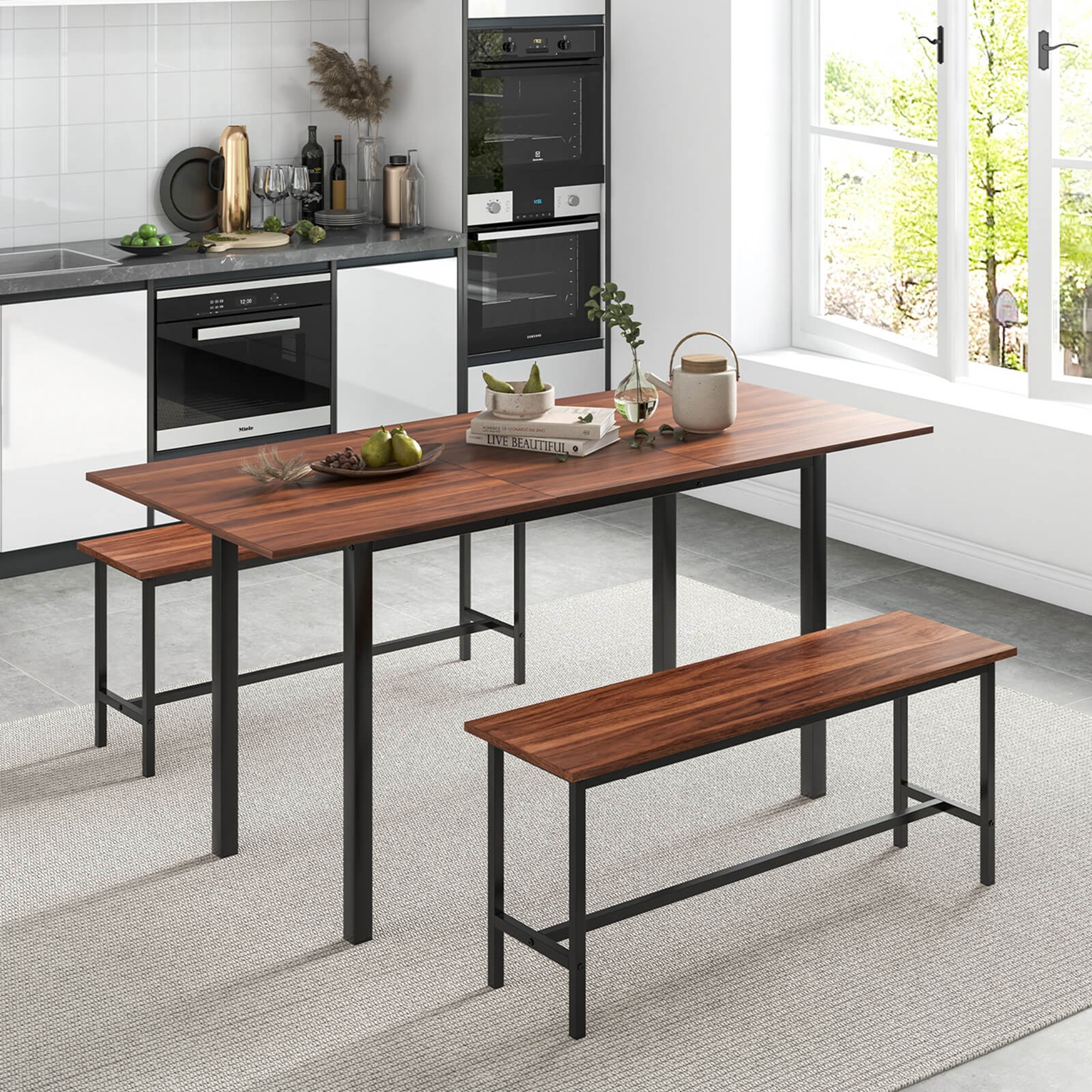 Costway 3 Piece Dining Table Set for 4-6  63"Kitchen Table with 2 Benches Metal Frame Walnut