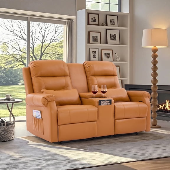 IPKIG Faux Leather Manual Reclining Loveseat with Console and Cup Holders, Orange