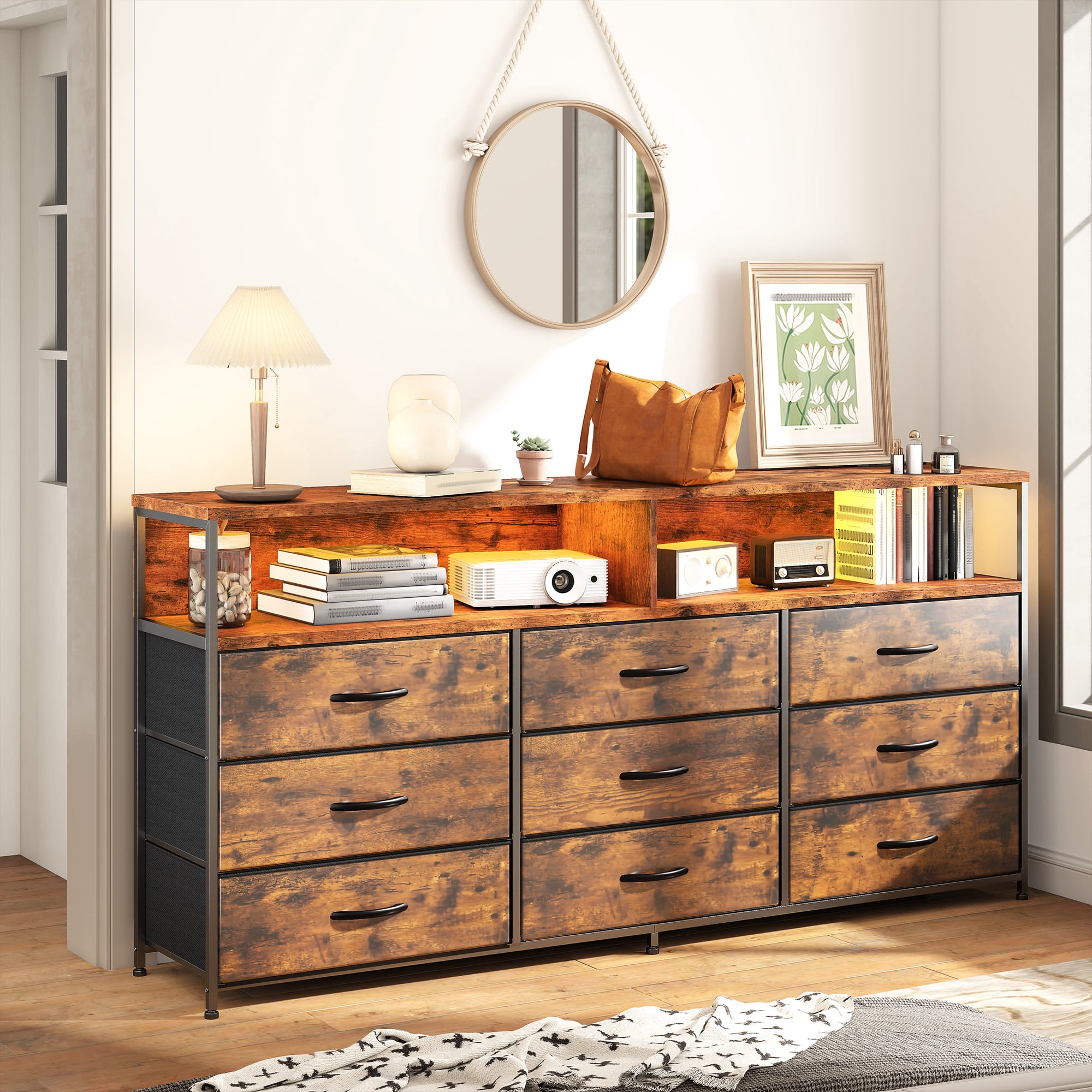 Romorgniz 9-Drawer Wide Dresser with Power Outlet & LED Lights, Fabric Chest of Drawers for Bedroom,TV Stand for 65"Screens,Rustic Brown