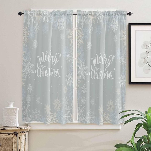 Grey Christmas Kitchen Curtains 63 Inches Long, Seasonal Winter Holiday Xmas Snowflake Rod Pocket Window Curtains Panels for Bedroom/Bathroom/Nursery, Light Filtering Treatment Curtains Drapes 42"x63"