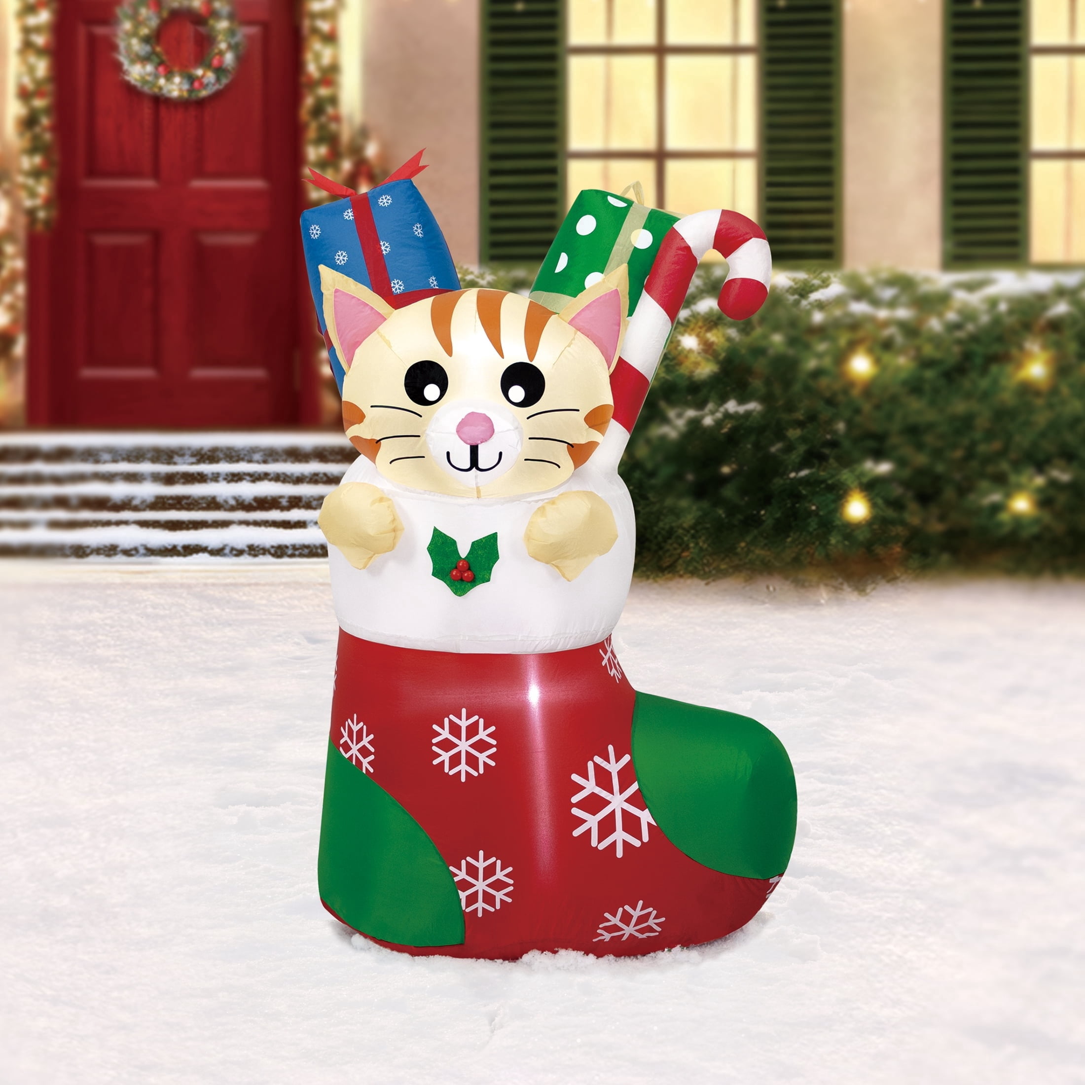 Multicolor Cat in Stocking Christmas Airblown Yard Inflatable, 4.5', by Holiday Time