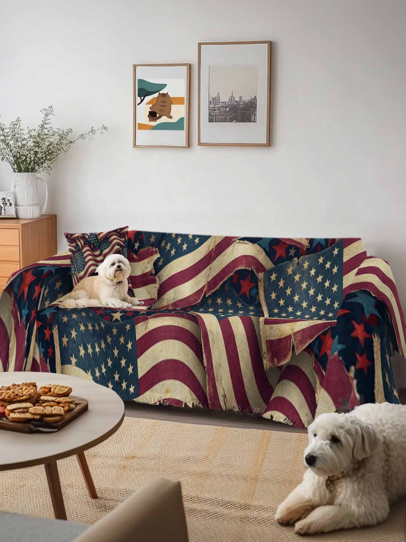 Independence Day Couch Cover, Red Blue USA Flag Retro Patriotic Stars Stripes Sofa Cover Blanket for 3 Cushion Couch, Sectional Sofa Slipcover Furniture Protector for Living Room Bedroom 71''x134''