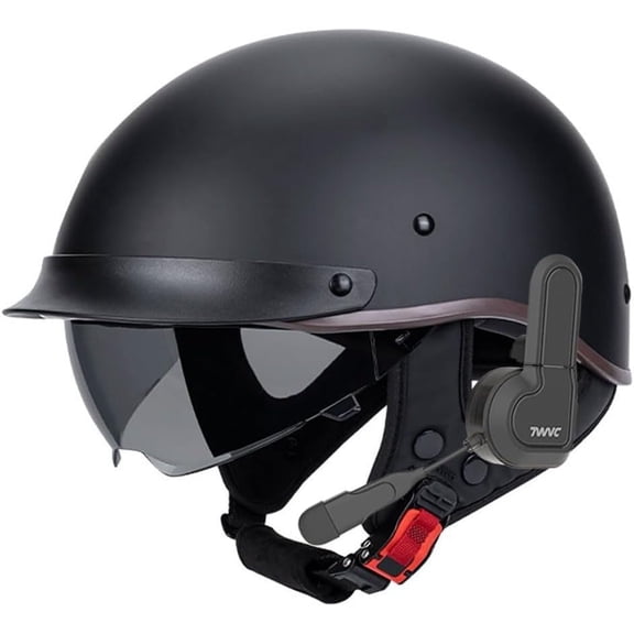 German Style Bluetooth Motorcycle Half Helmet Scooter Open Face DOT Approved Built-in Speaker Headset Microphone Retractable Visor Adjustable Quick Release Buckle