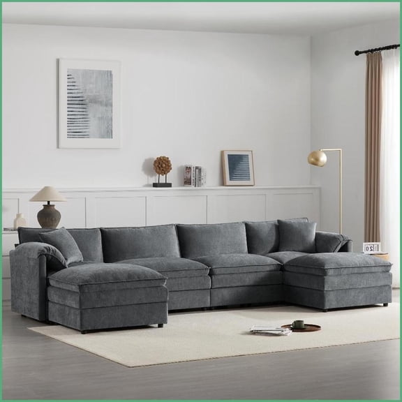 136'' Chenille U-Shaped Modular Sectional Sofa – 6-Seat Deep Wide Seating with Double Cushions for Living Room