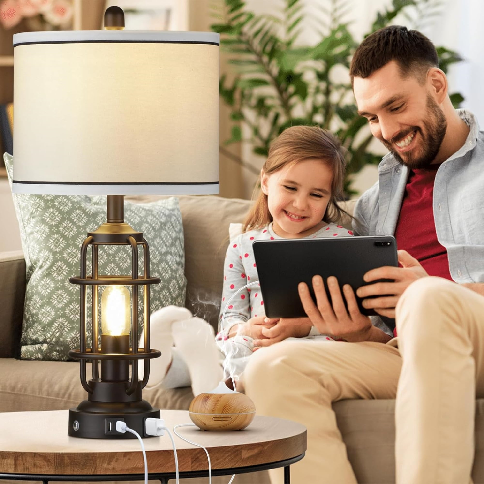 Cinkeda Modern Table Lamp for Living Room Bedroom Single Industrial 3 Way Dimmable Touch Control Bedside Lamp with USB C+A Ports AC Outlet Nightlight