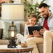 Cinkeda Modern Table Lamps with USB A+C Ports AC Outlet 3 Way Dimmable Touch Control Nightlight Black Industrial Bedside Lamp Set of 2 for Living Room Bedroom