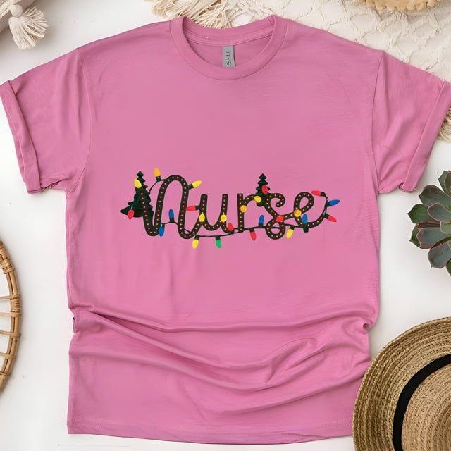 Nurse Graphic T-Shirt with String Lights Design, Unisex Casual Tee, Heliconia, Size M