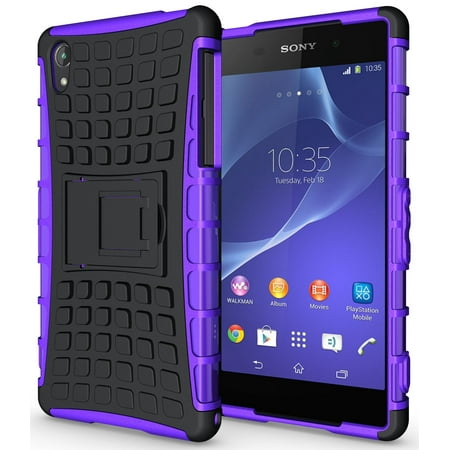 NAKEDCELLPHONE PURPLE GRENADE GRIP RUGGED TPU SKIN HARD CASE COVER STAND FOR SONY XPERIA Z2 PHONE / D6503 /