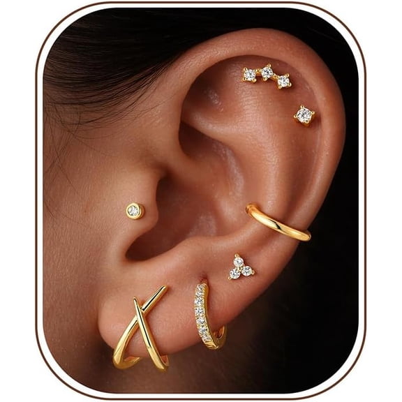 14K Gold Plated Hypoallergenic Stud Hoop Earrings Sets for Women | Dainty 7 Pairs Waterproof Cartilage Earrings for Women Jewelry Gifts, Lightweight Flat Back Earring Stacks for Sensitive Ears