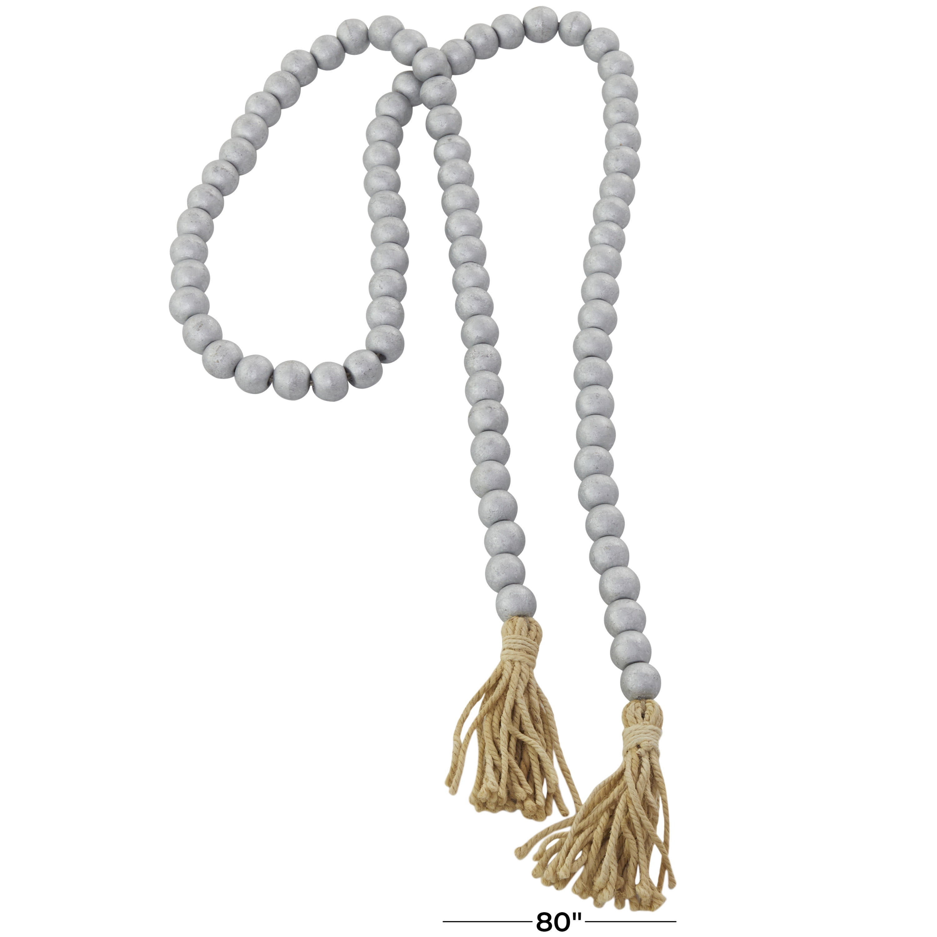 DecMode Handmade Round Metallic Long Carved Beaded Silver Mango Wood Garland with Tassel
