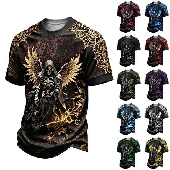 Men Halloween Graphic Tee Short Sleeve Crew Neck T-Shirt, Grim Reaper Angel Wings 3D Print, Gothic Spiderweb Pattern Summer Tops