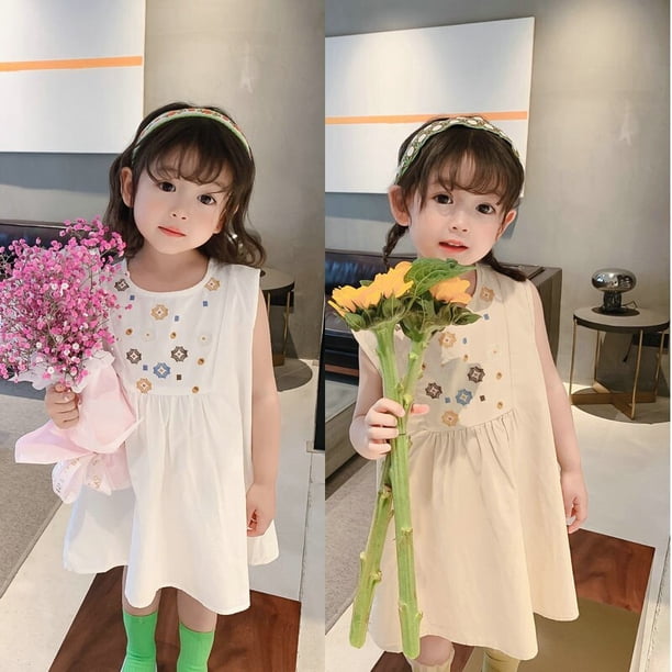 Gaun Anak Perempuan Musim Panas Gaun Rompi Tanpa Lengan Segar Kecil Bordir Baju Anak-anak Bayi Bunga Sederhana Vestidos Pesona Pesta Putri zhangmengya LED