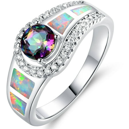 - Mystic Topaz and Opal 18kt White Gold-Plated Cocktail Ring