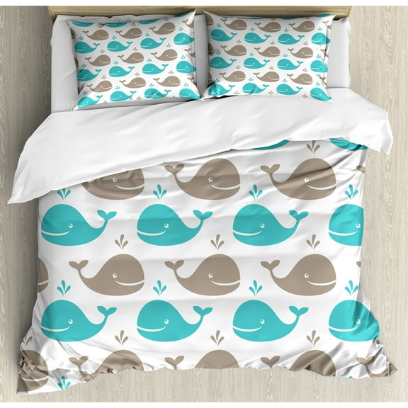 Ambesonne Whale Duvet Cover Set, Smiling Fish in Ocean, Calking, Tan Turquoise White