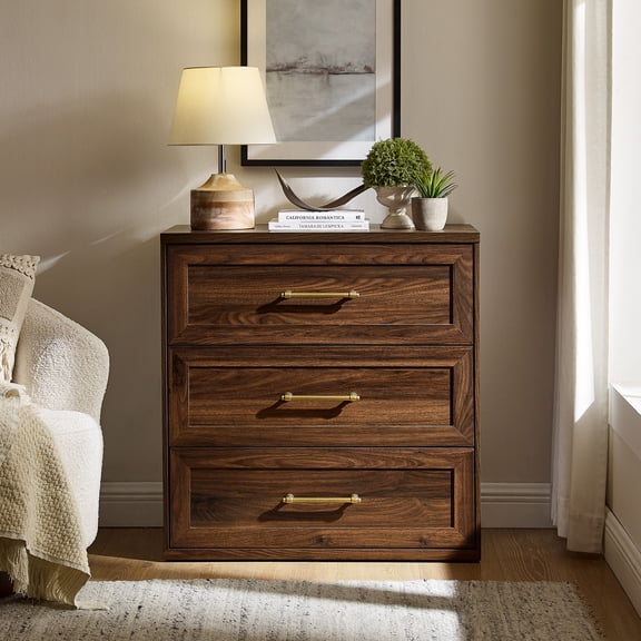 IFMUST Modern Nightstand, 18" Arched Panel 3 Drawers Wood Side Table with Charging Station, Wood Square Bedside End Table for Bedroom Living Room, Brown