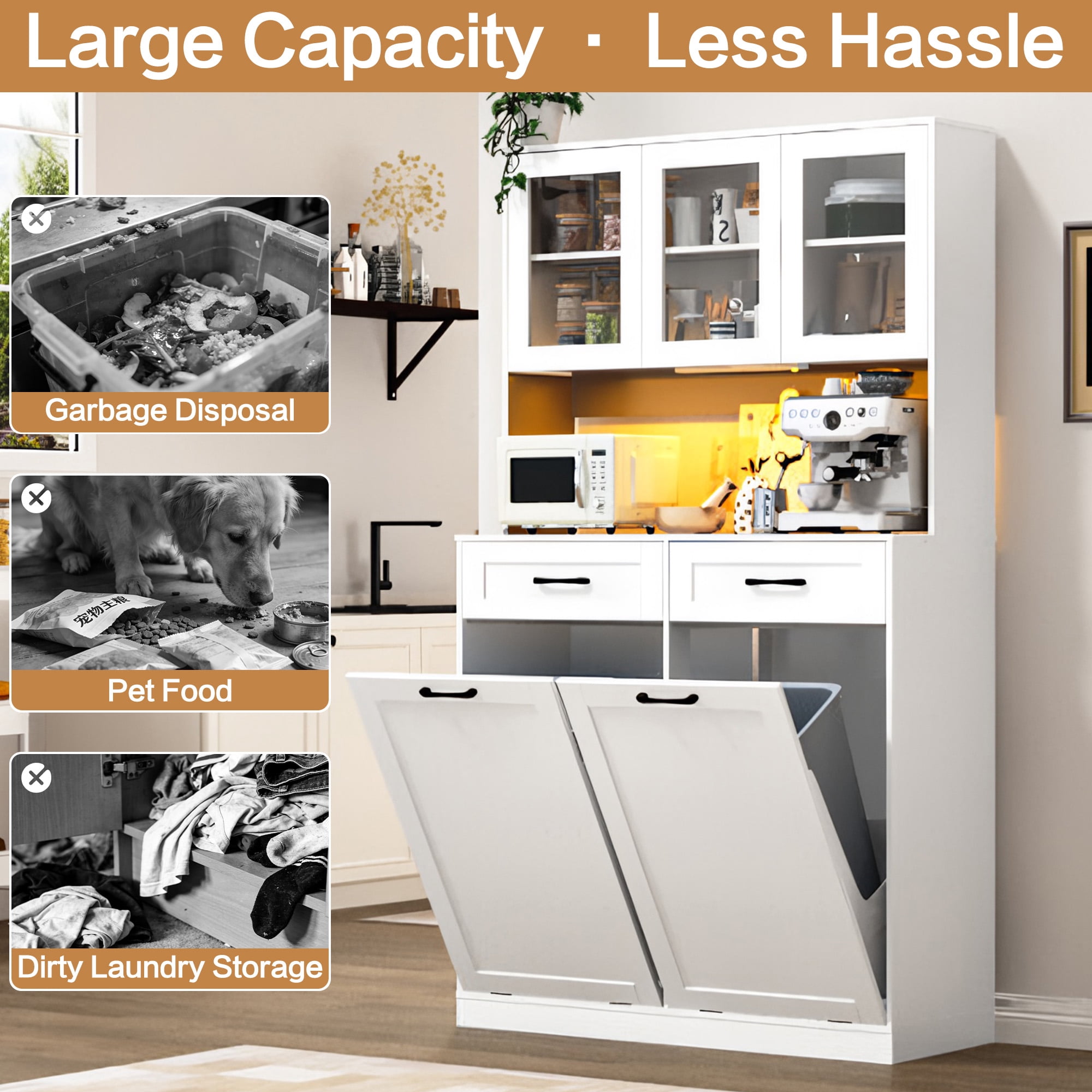 ANPOO 72.1"H Kitchen Pantry Storage Cabinet with Power Outlets & LED light, Kitchen Double Tilt Out Trash Cabinet 13X2 Gallon Garbage Holder with Two Drawers, Freestand Laundry Sort Cabinets