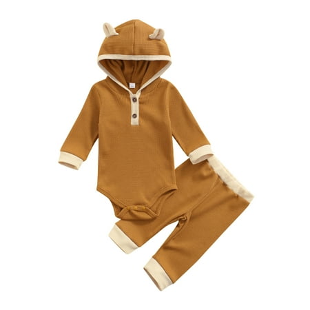 

Nokpsedcb 2PCS Infant Newborn Baby Girls Boys Splicing Hooded Long Sleeve Romper Pants Ginger 3-6 Months