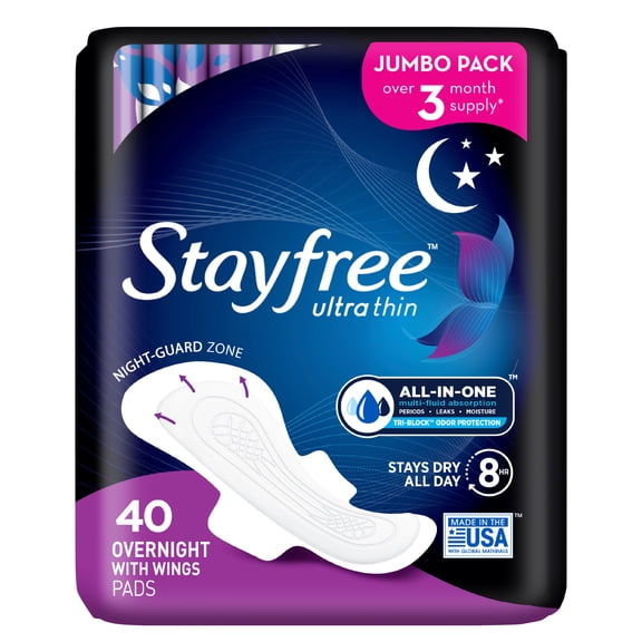 Stayfree Ultra Thin Overnight Pads With Wings, 40 Ct, Multi-Fluid Absorption, Protection For Up To 10 Hours