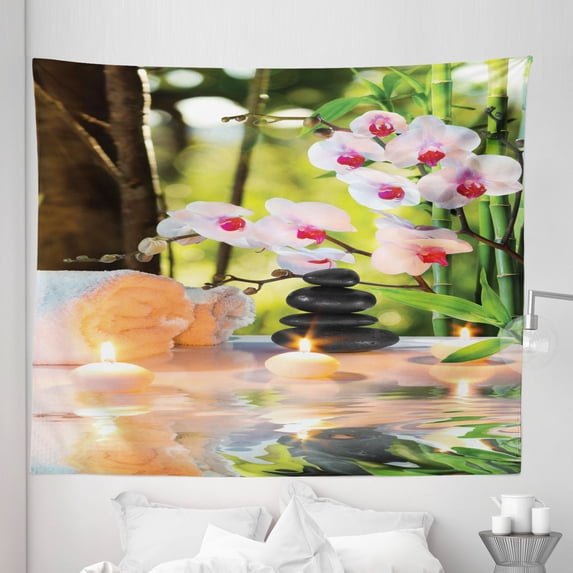Spa Tapestry, Massage Theme Candles Orchids and Stones in Garden Japanese Oriental, Fabric Wall Hanging Decor for Bedroom Living Room Dorm, 5 Sizes, Pale Green Fuchsia, by Ambesonne