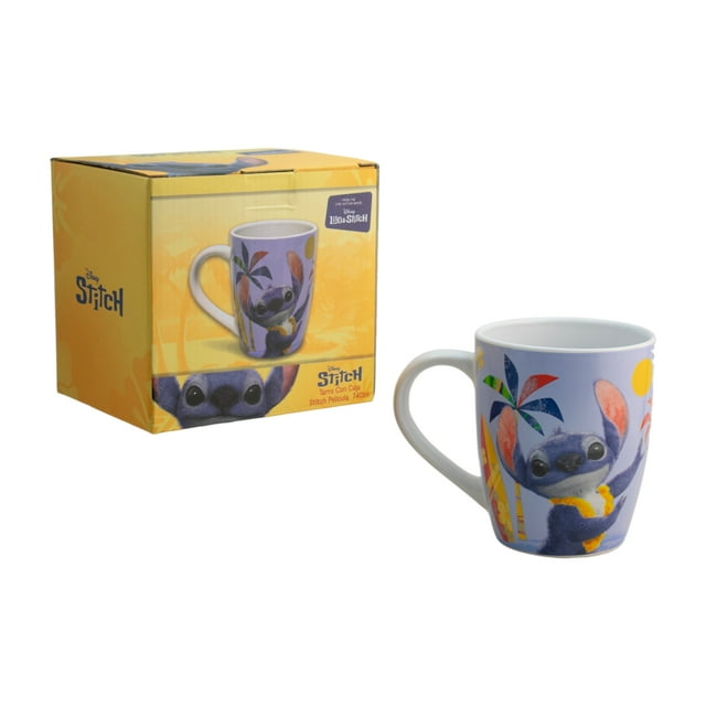 Taza Grande Cerámica con Diseño Stitch Live Action Tropical, Color Azul, Capacidad 740 ml con Caja de Regalo
