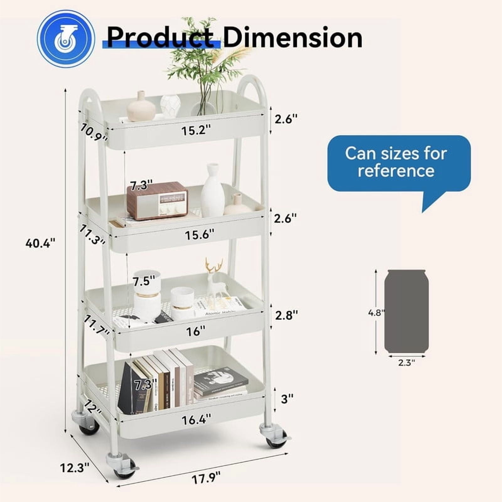 Kelno 4 Tier Rolling Cart Metal Utility Storage Cart Mobile Storage Organizer with Lockable Wheels,White