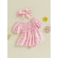 thumbnail image 3 of Musuos Newborn Girl Cute Summer Outfit, 3M 6M 12M 18M Short Sleeve Off-shoulder Flower Print Romper Dress with Headband Clothes, 3 of 10