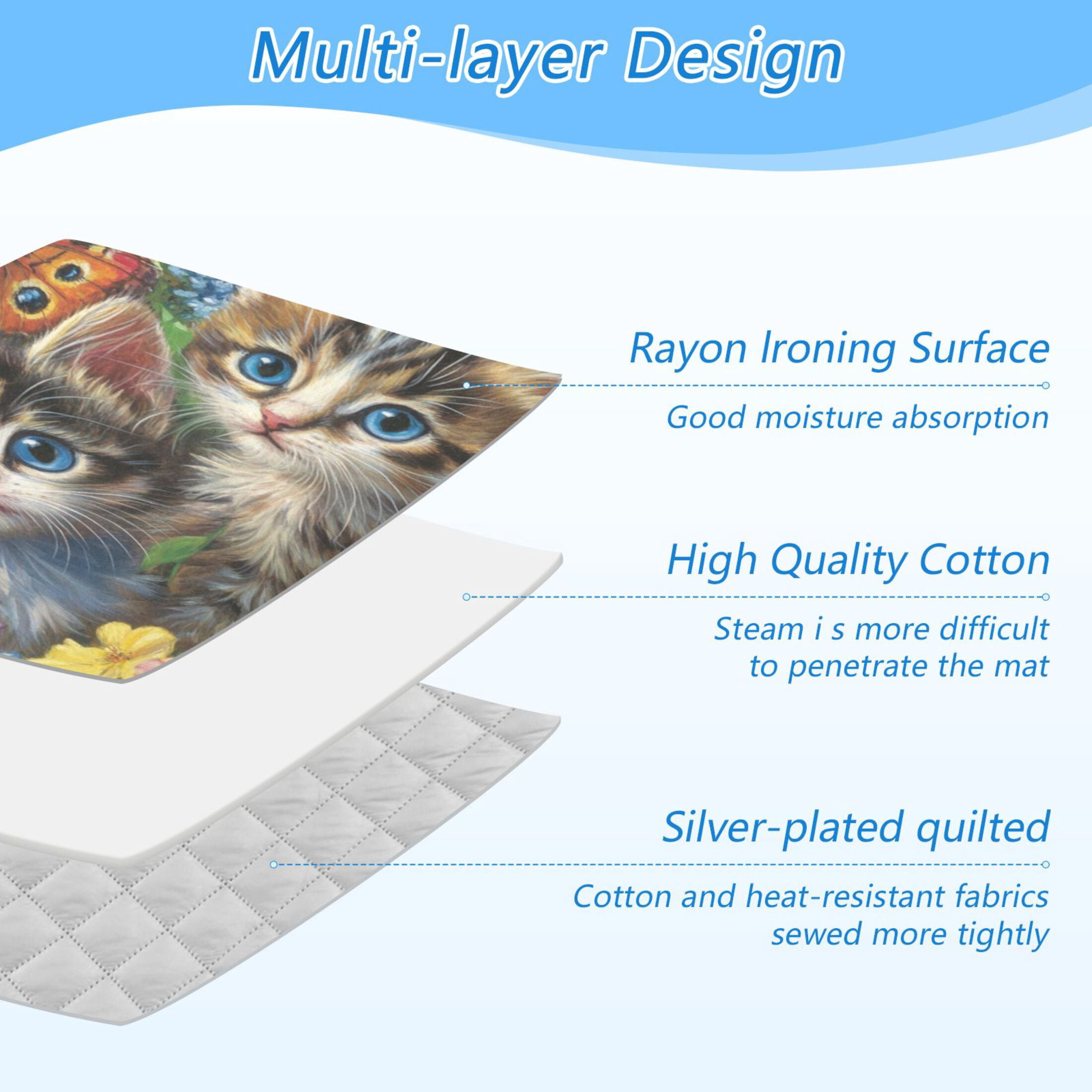 Wobogo Kitten Flower Picture Ironing Mat Blanket Quilted Washer Dryer Heat Resistant Pad Foldable for Easy Storage