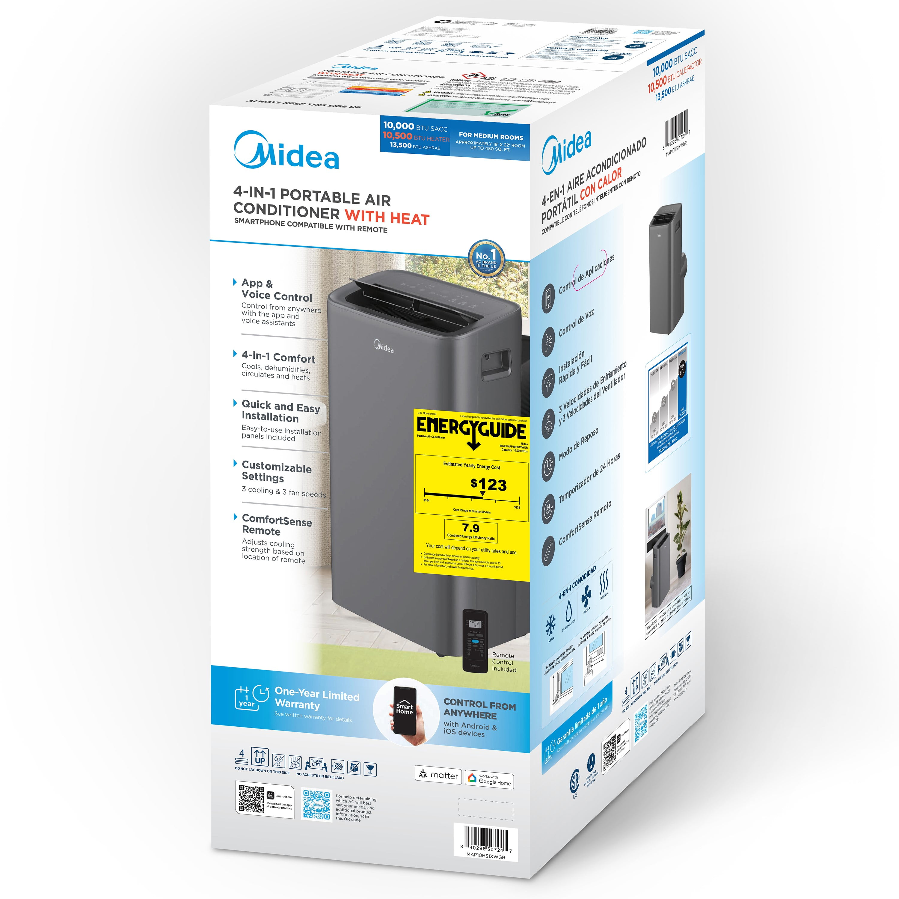Midea 10,000 BTU Portable Air Conditioner with Heat, Gray, 1 Count