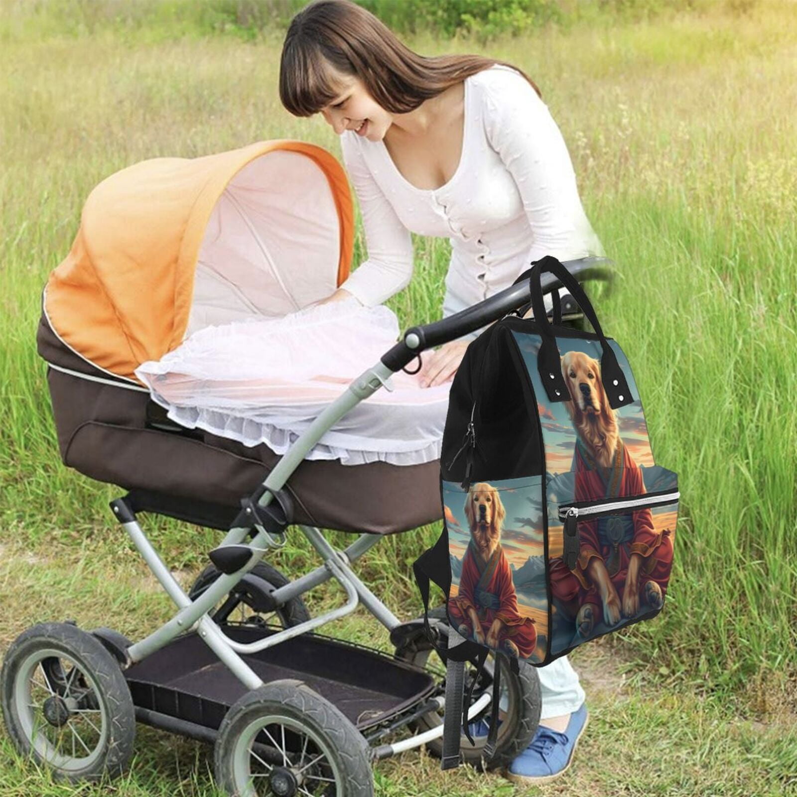 Ratiio Meditating Golden Retriever Mummy Backpack - Waterproof Twill Canvas, Large Capacity Diaper Bag with Multiple Pockets and Adjustable Straps