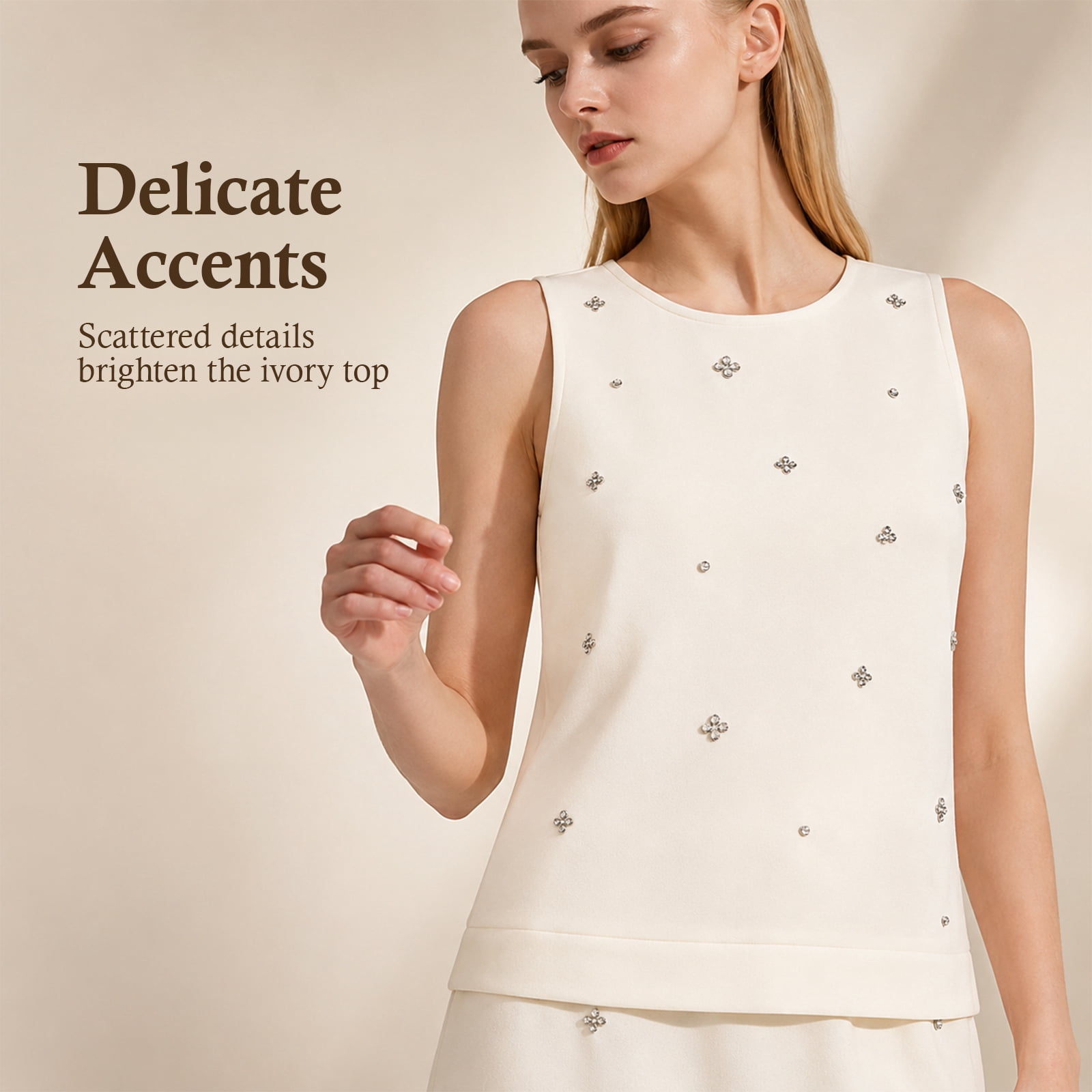 Alvantor Women's Sleeveless Blouse, Embellished Crew Neck Stretch Top with Keyhole Back, Ivory