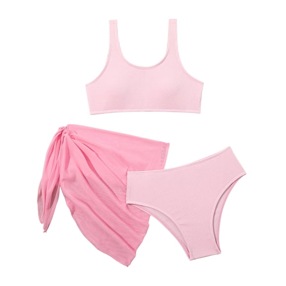Odeerbi 8-12 Años Bikini de Cuerda de Playa de Niñas Con Cubiertas de Sarong Conjunto de Traje de Baño de Color Sólido Ropa de Playa Conjunto de Tres Piezas