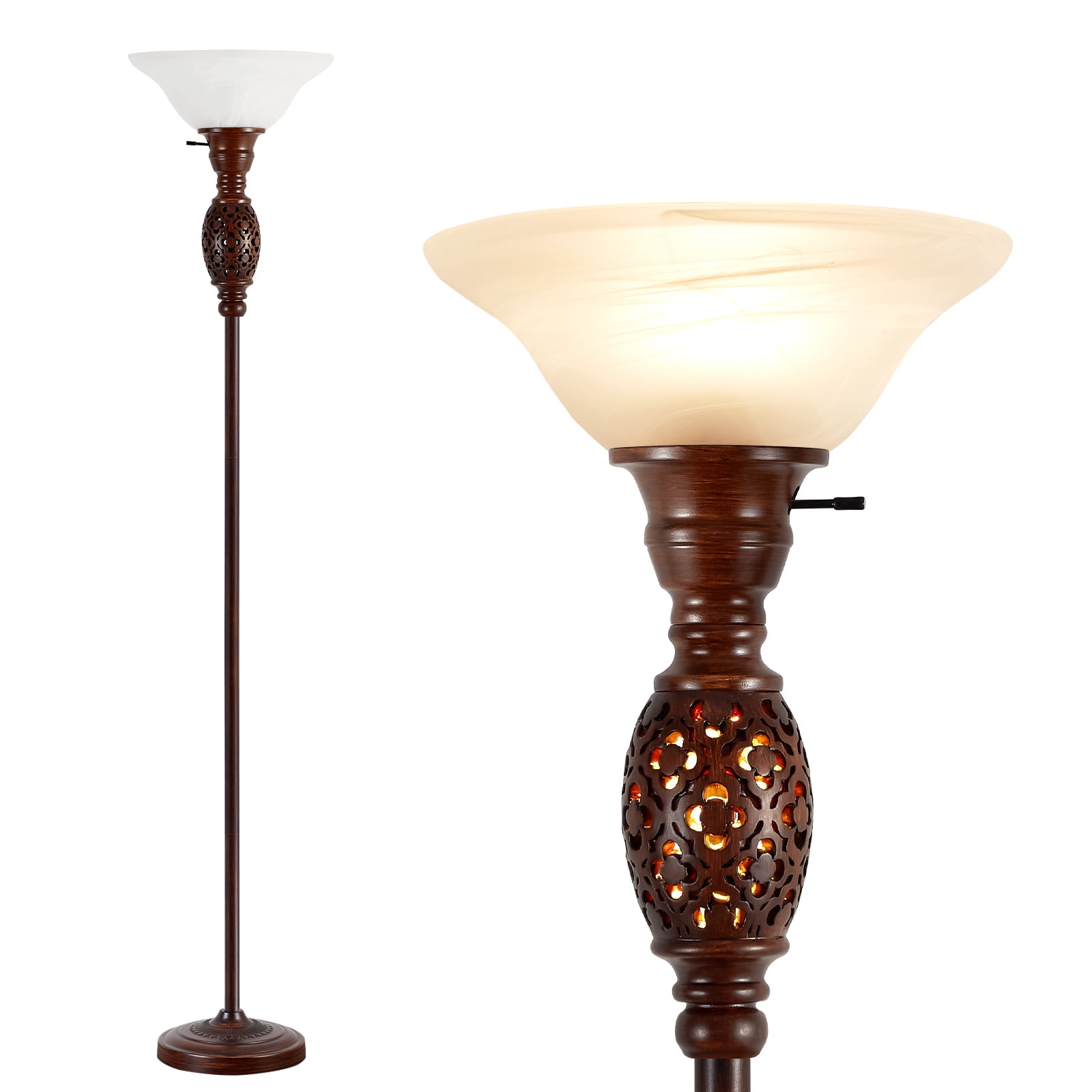 NATYSWAN 70" Torchiere Floor Lamp with NightLight - Victorian Style Standing Lamp for Living Room, Bedroom, Office - Retro Floor Lamps with Rotary Switch & Etched Glass Shade, Home Decor