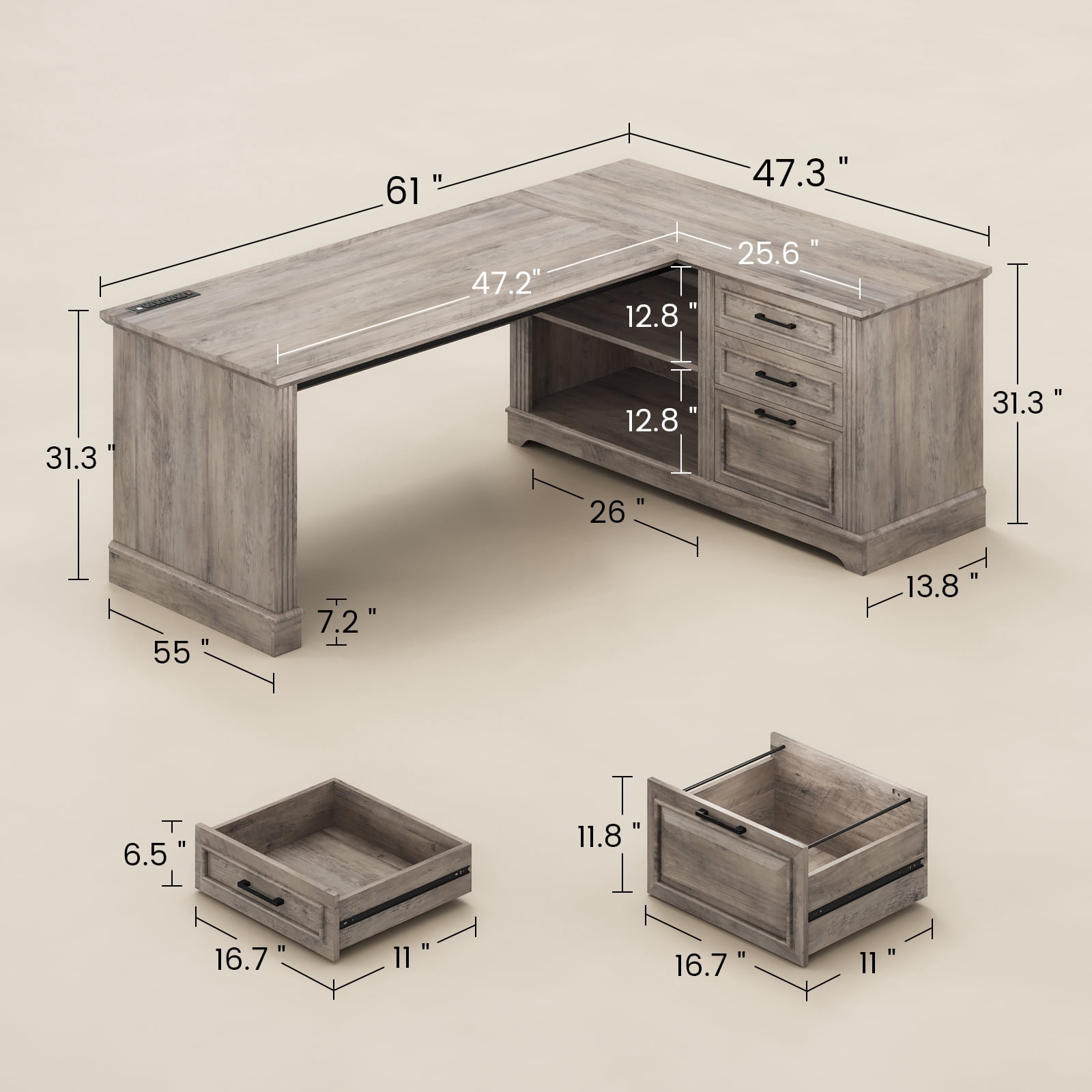 Farmhouse L Shaped Desk, 61" Wood Executive Deskwith Large Desktop and Storgae, Home Office Desk with Drawers and Open Shelves, Computer Desk with Power Outlets, Spacious PC Workstation, Grey